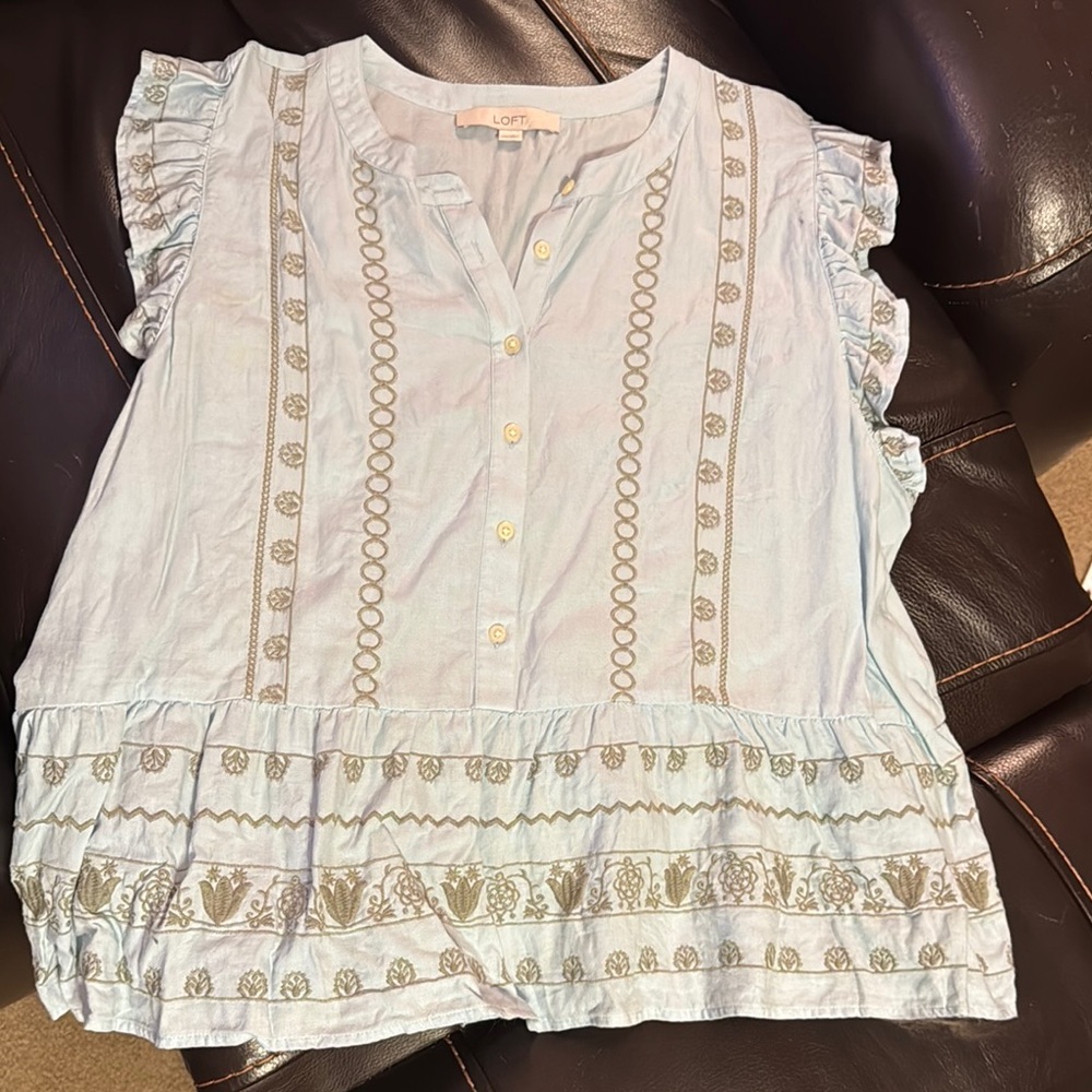 LOFT Blue/Green Sleeveless Ruffled Blouse